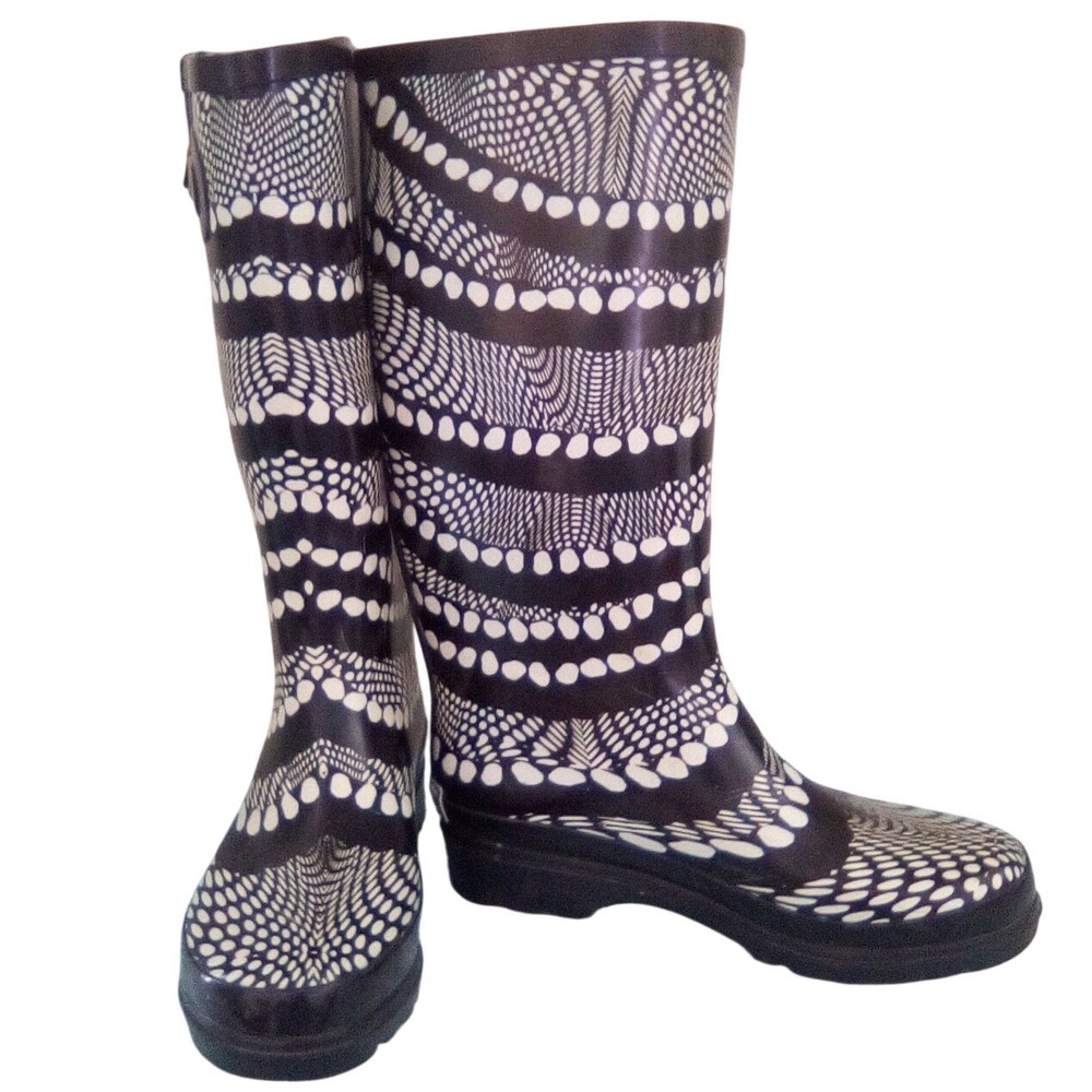 ShedRain Women Black‎ White Optical Illusion Print Tall Rubber Rain Boots Size 7
